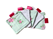 Charger l'image dans la galerie, LINGETTES 100% Coton éponge - Lot de 5 Fleuri (Panier en option) Vert d'Eau et Rose