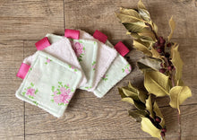Charger l'image dans la galerie, LINGETTES 100% Coton éponge - Lot de 5 Fleuri (Panier en option) Vert d'Eau et Rose