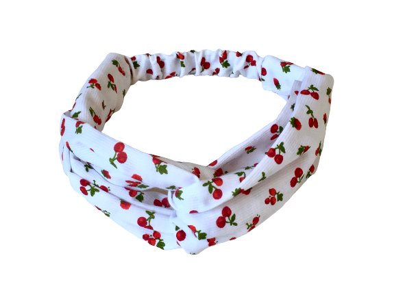 MINI HEADBAND TURBAN - Blanc imprimé Cerises et Framboises