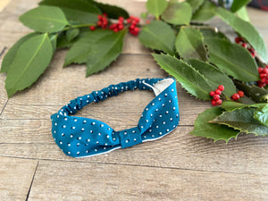 HEADBAND BÉBÉ à élastique - Viscose Bleu Canard pois & gaze écrue